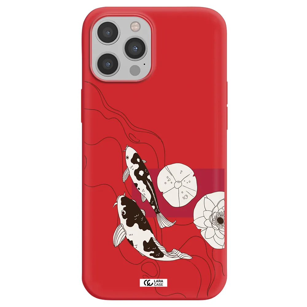 a black and white illustration of fish and flowers Apple iPhone 12 pro max Silicone Imperial Red Case