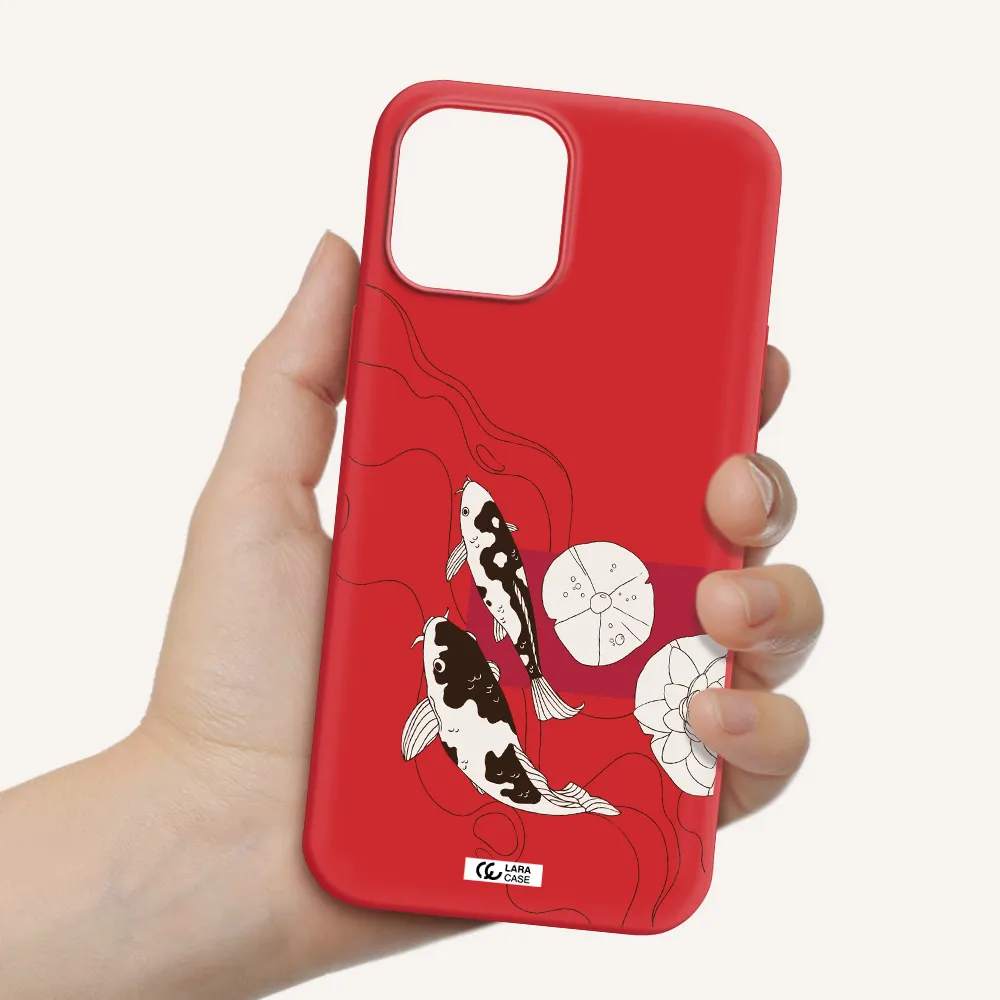 a black and white illustration of fish and flowers Apple iPhone 12 pro max Silicone Imperial Red Case