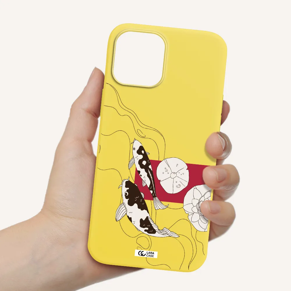 a black and white illustration of fish and flowers Apple iPhone 12 pro Silicone canary yellow Case