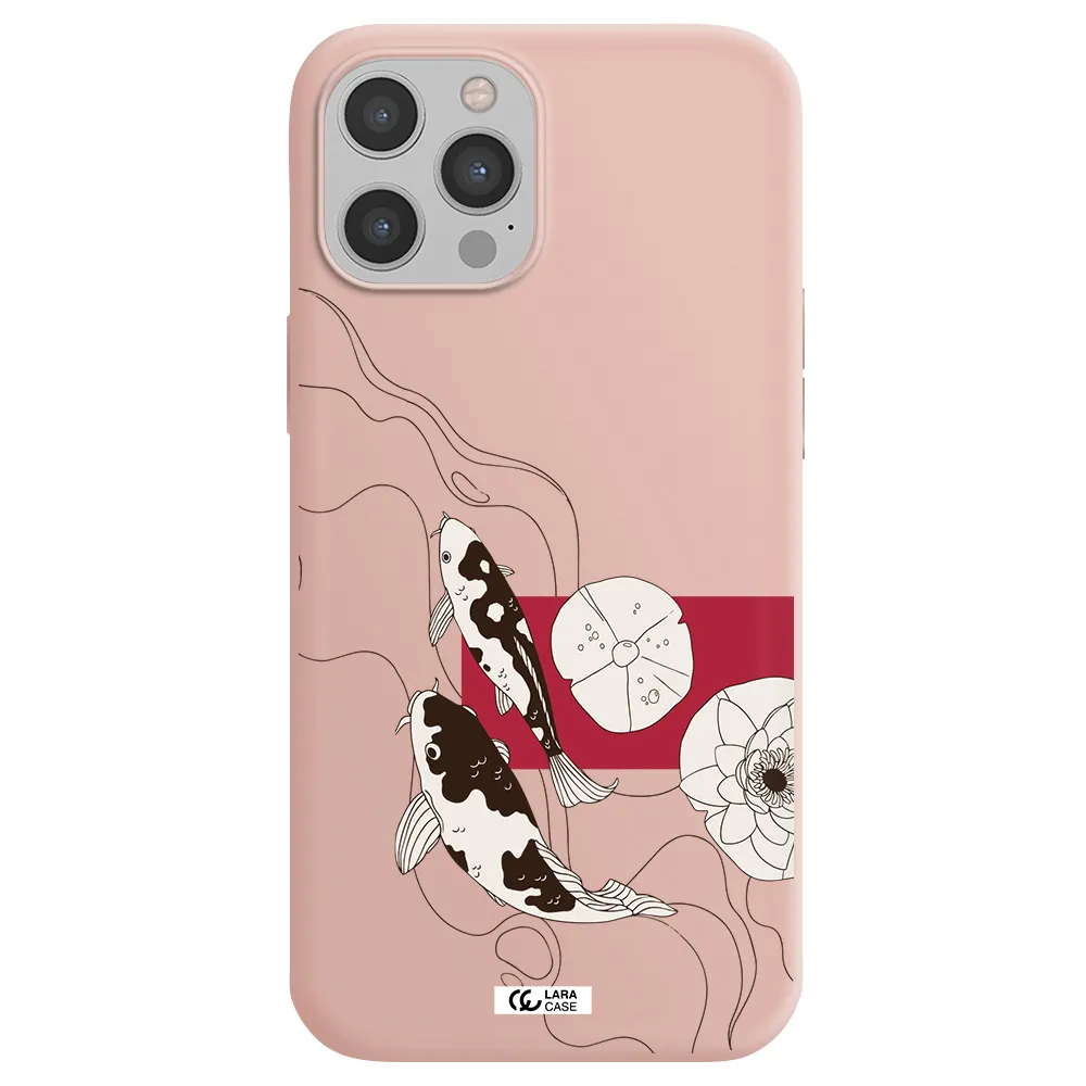 a black and white illustration of fish and flowers Apple iPhone 12 pro Silicone pastel pink Case
