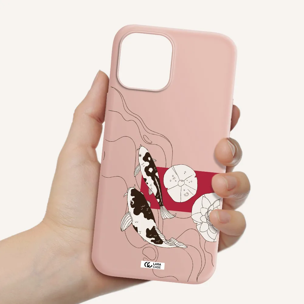 a black and white illustration of fish and flowers Apple iPhone 12 pro Silicone pastel pink Case