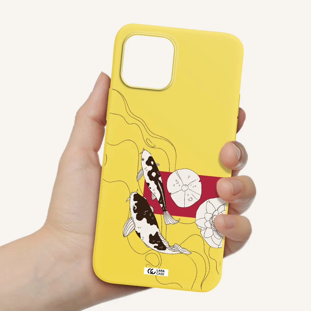 a black and white illustration of fish and flowers Apple iPhone 12 Silicone canary yellow Case