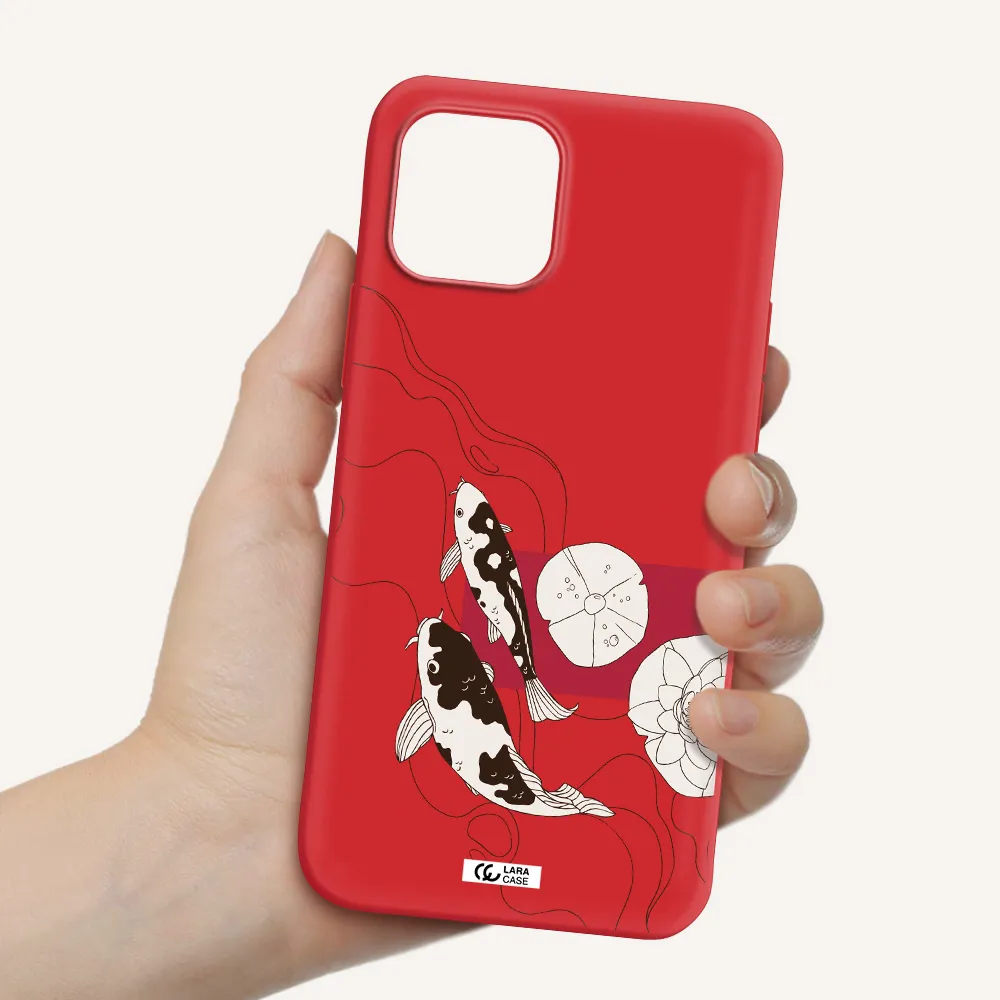a black and white illustration of fish and flowers Apple iPhone 12 Silicone Imperial Red Case