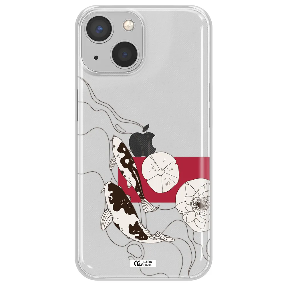 a black and white illustration of fish and flowers Apple iPhone 13 Clear TPU Case
