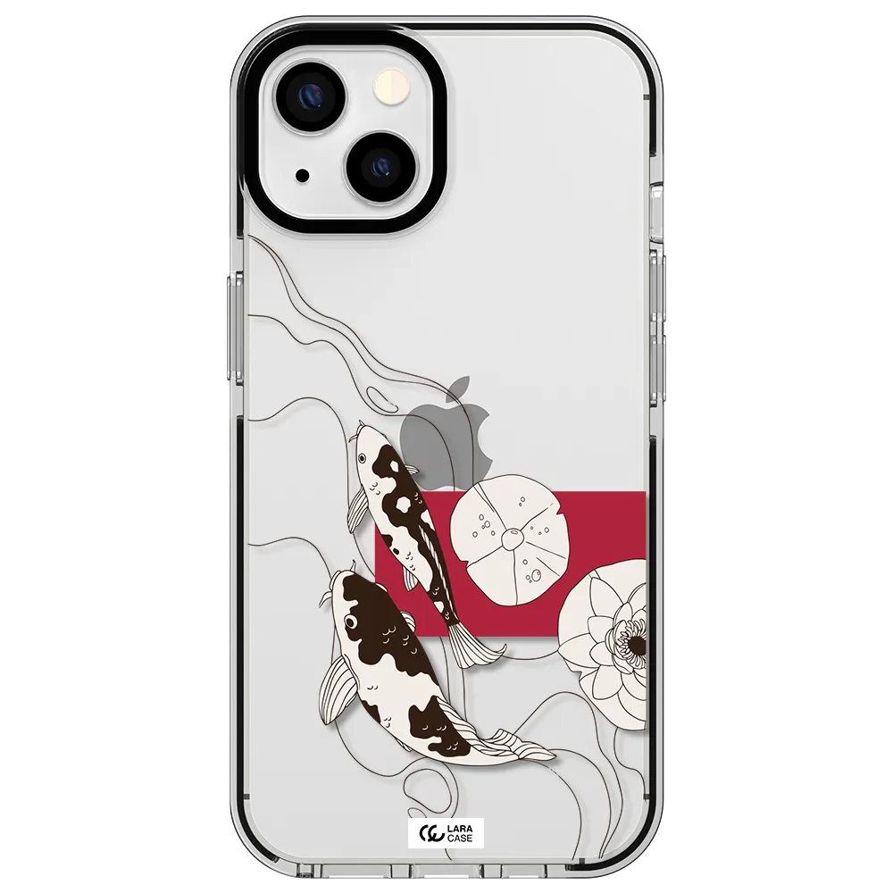 a black and white illustration of fish and flowers Apple iPhone 13 impact black border Case