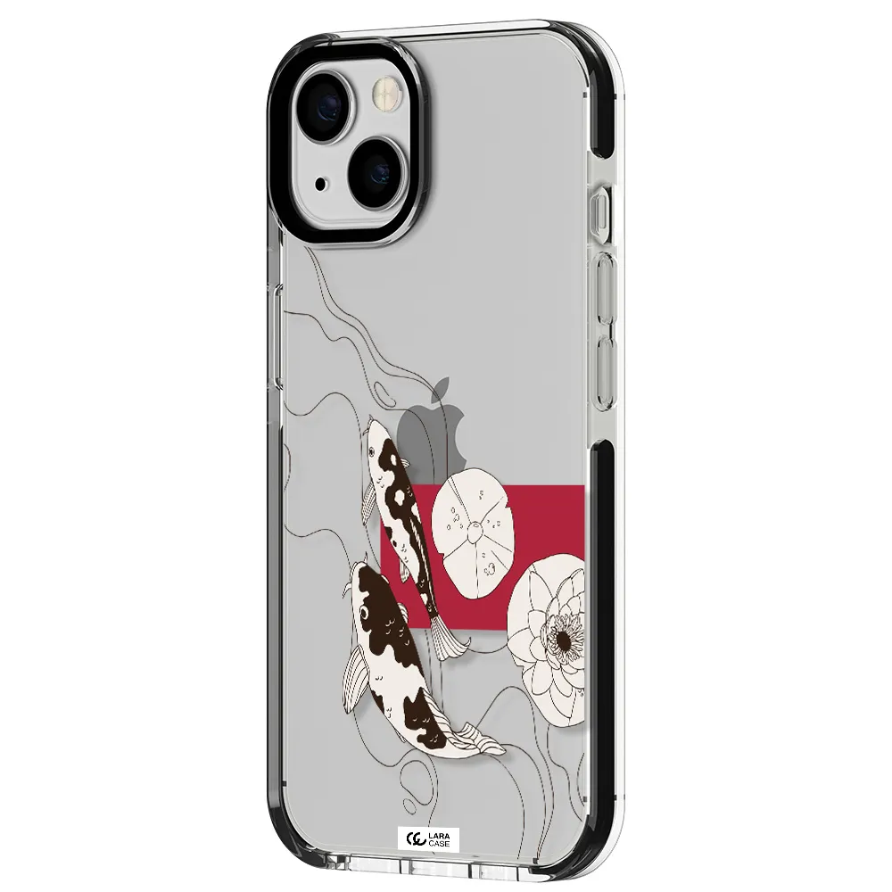 a black and white illustration of fish and flowers Apple iPhone 13 impact black border Case