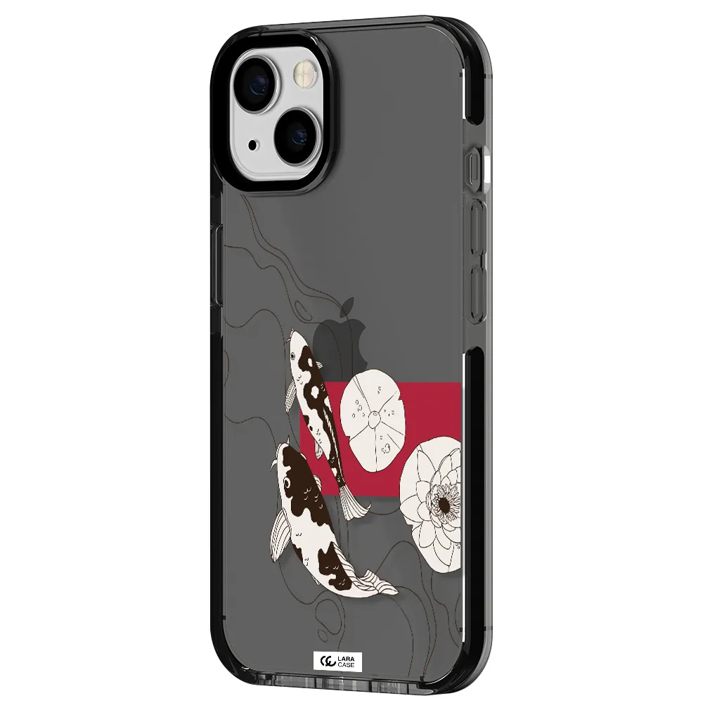 a black and white illustration of fish and flowers Apple iPhone 13 impact Smoke Black Case