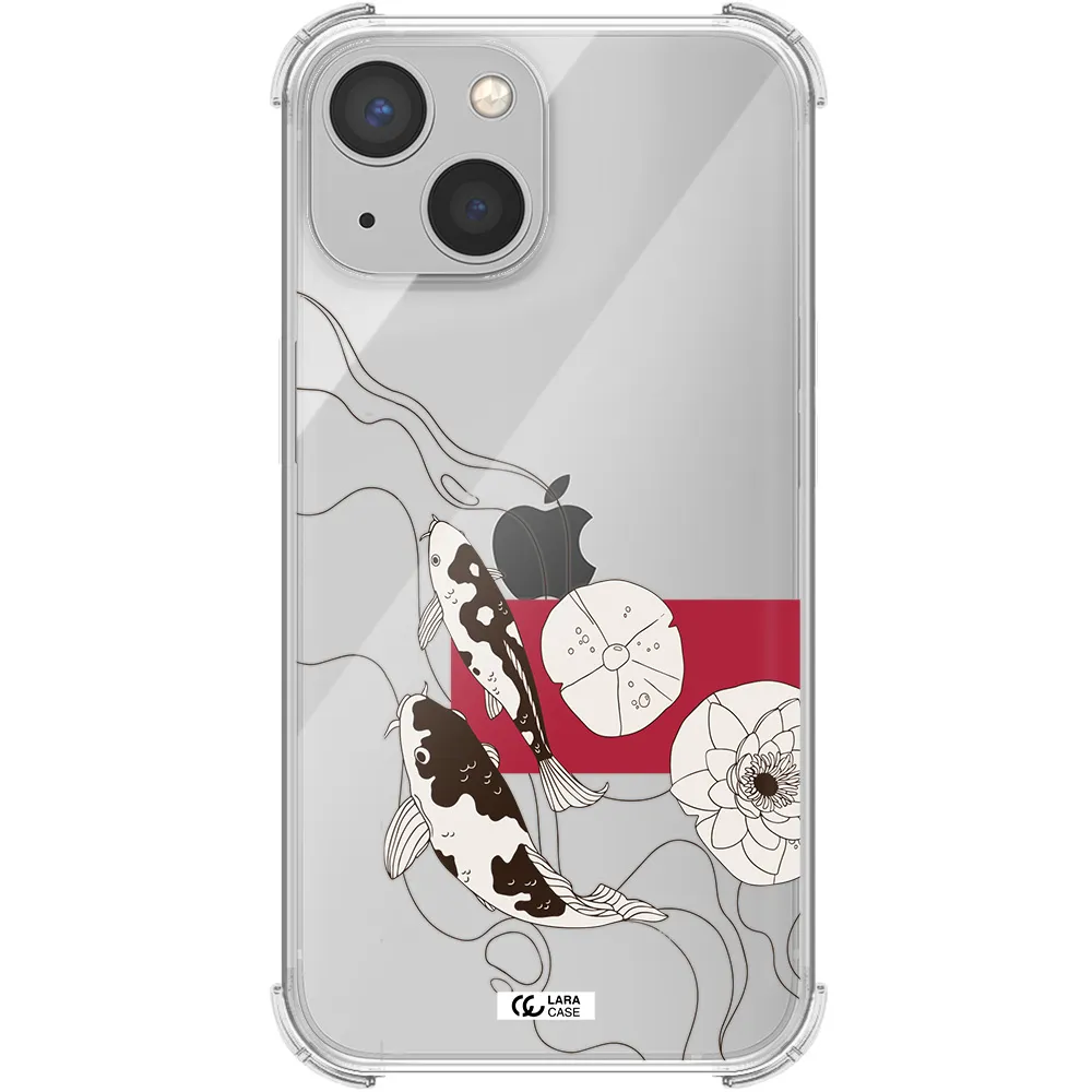 a black and white illustration of fish and flowers Apple iPhone 13 mini Clear PC Case