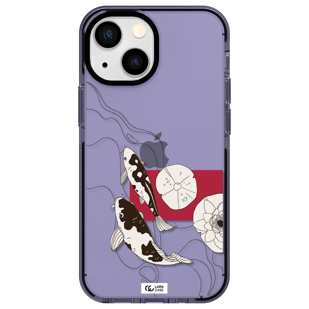 a black and white illustration of fish and flowers Apple iPhone 13 mini impact Lilac Case