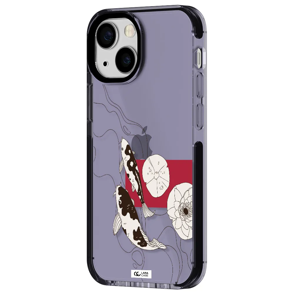 a black and white illustration of fish and flowers Apple iPhone 13 mini impact Lilac Case