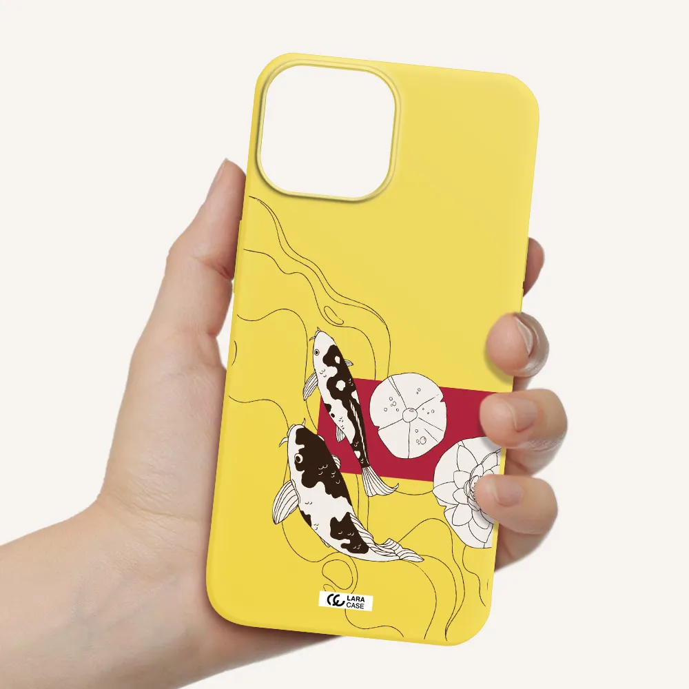 a black and white illustration of fish and flowers Apple iPhone 13 mini Silicone canary yellow Case