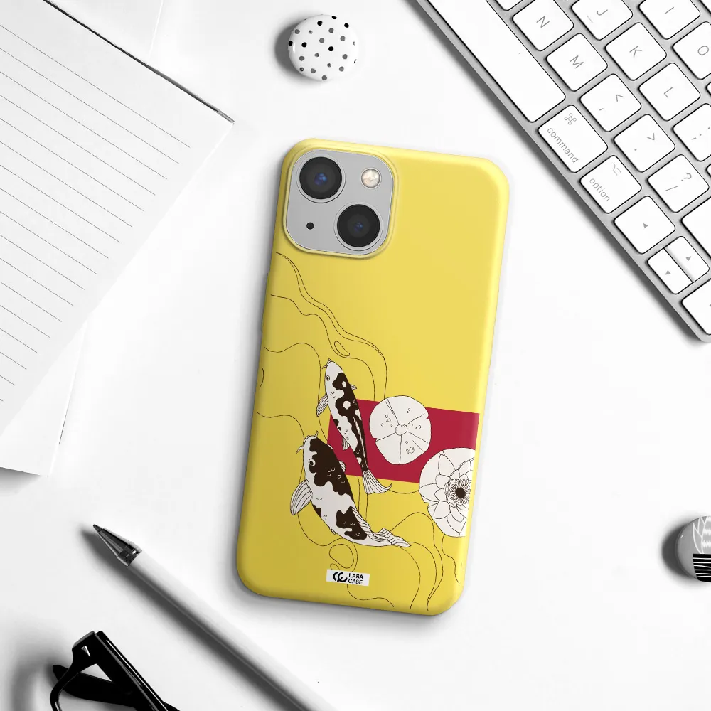 a black and white illustration of fish and flowers Apple iPhone 13 mini Silicone canary yellow Case