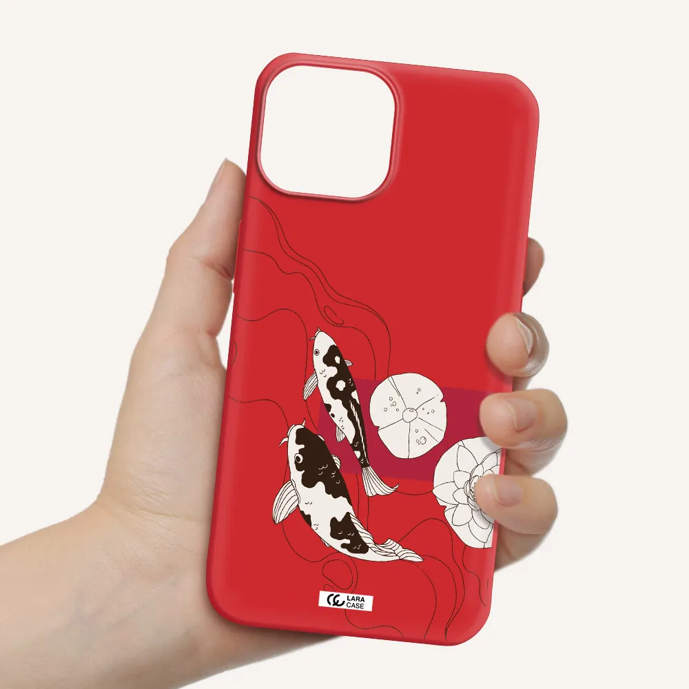 a black and white illustration of fish and flowers Apple iPhone 13 mini Silicone Imperial Red Case
