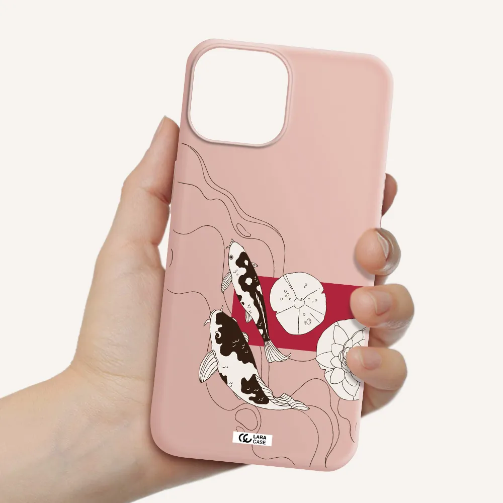 a black and white illustration of fish and flowers Apple iPhone 13 mini Silicone pastel pink Case