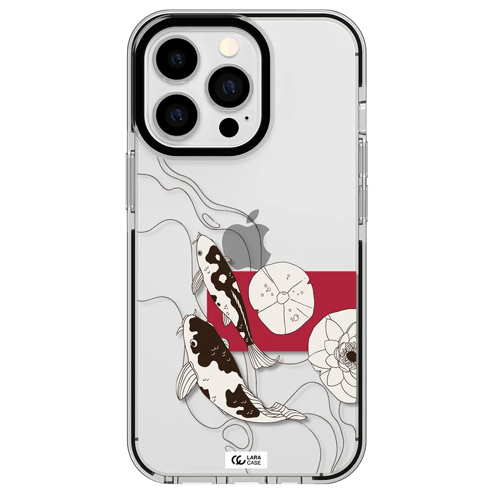 a black and white illustration of fish and flowers Apple iPhone 13 Pro impact black border Case
