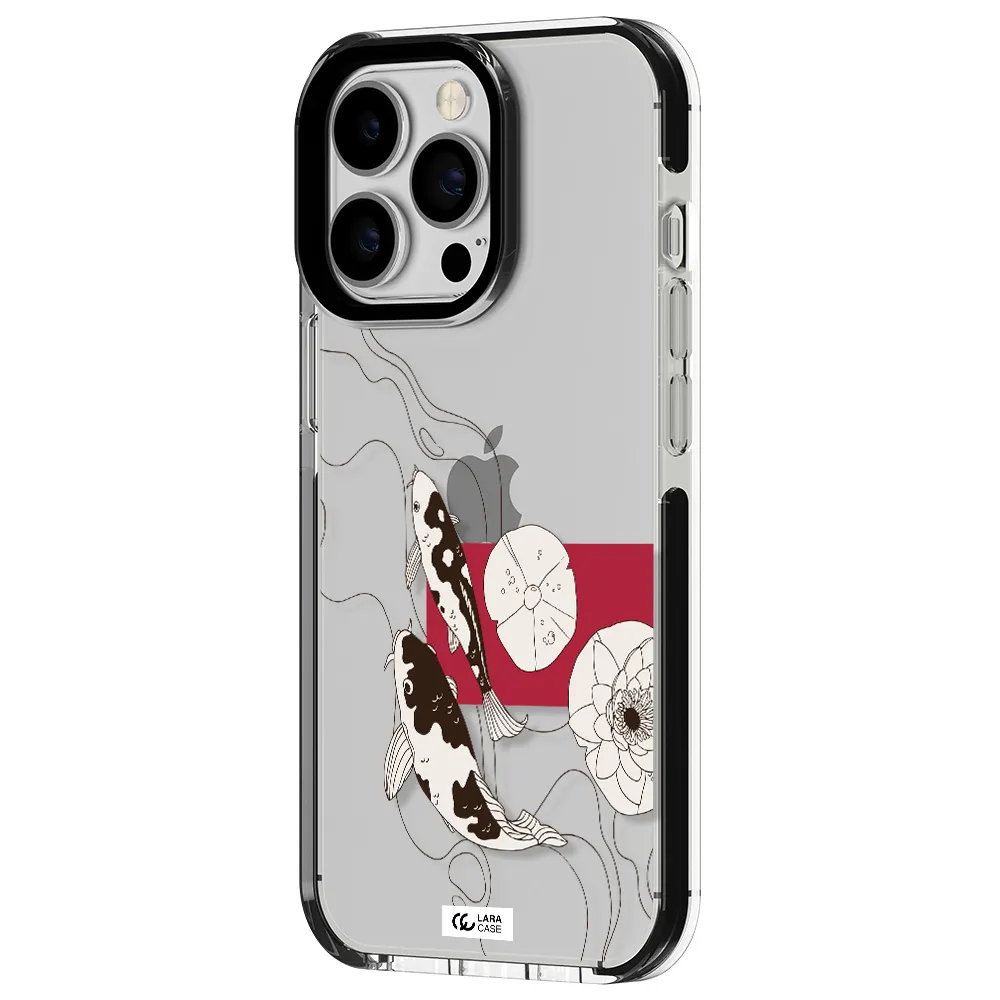 a black and white illustration of fish and flowers Apple iPhone 13 Pro impact black border Case