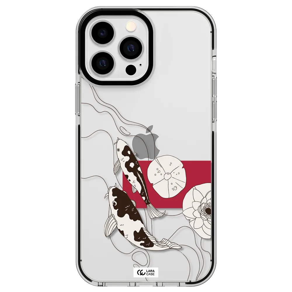 a black and white illustration of fish and flowers Apple iPhone 13 Pro Max impact black border Case