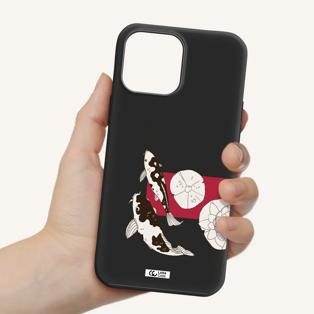 a black and white illustration of fish and flowers Apple iPhone 13 Pro Max Silicone black Case