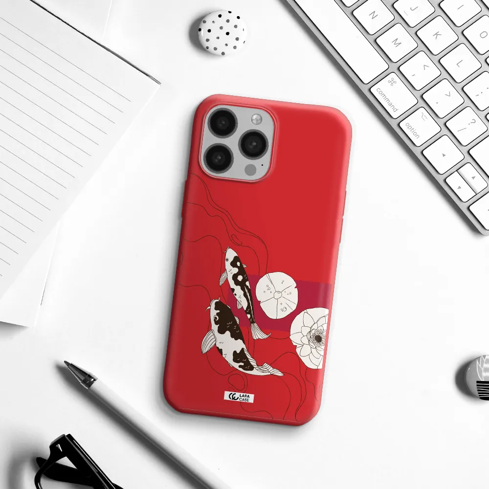 a black and white illustration of fish and flowers Apple iPhone 13 Pro Max Silicone Imperial Red Case