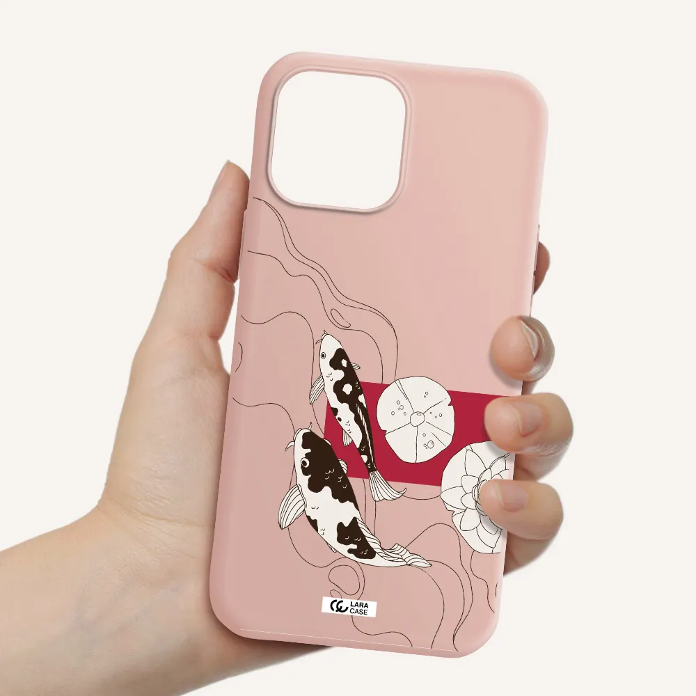 a black and white illustration of fish and flowers Apple iPhone 13 Pro Max Silicone pastel pink Case