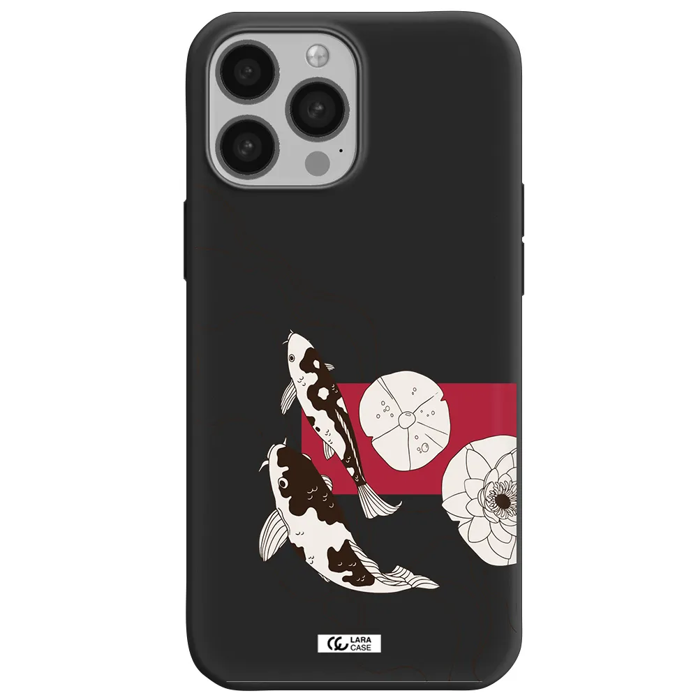 a black and white illustration of fish and flowers Apple iPhone 13 Pro Silicone black Case