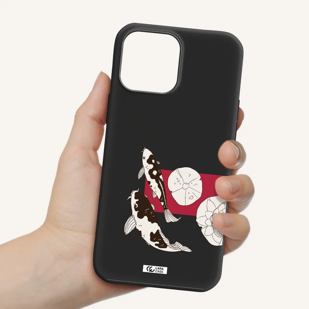 a black and white illustration of fish and flowers Apple iPhone 13 Pro Silicone black Case