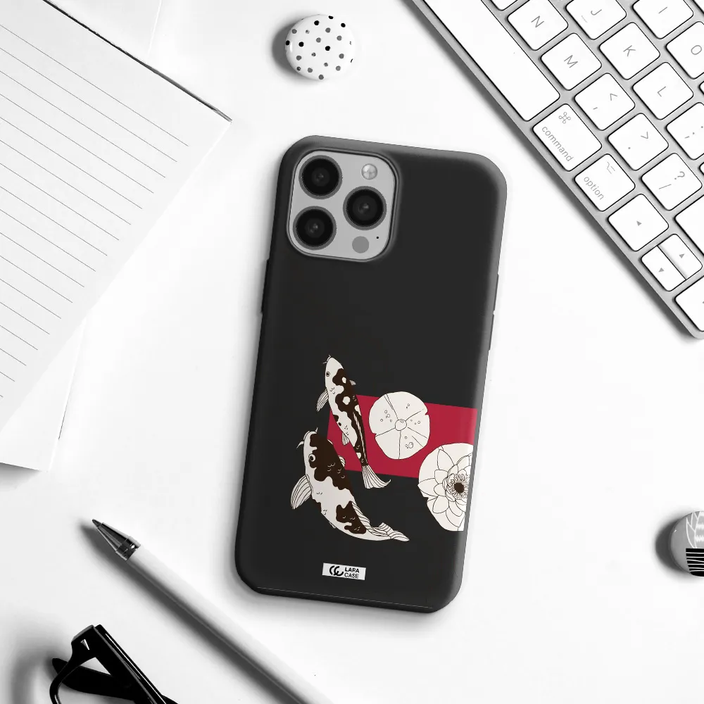 a black and white illustration of fish and flowers Apple iPhone 13 Pro Silicone black Case