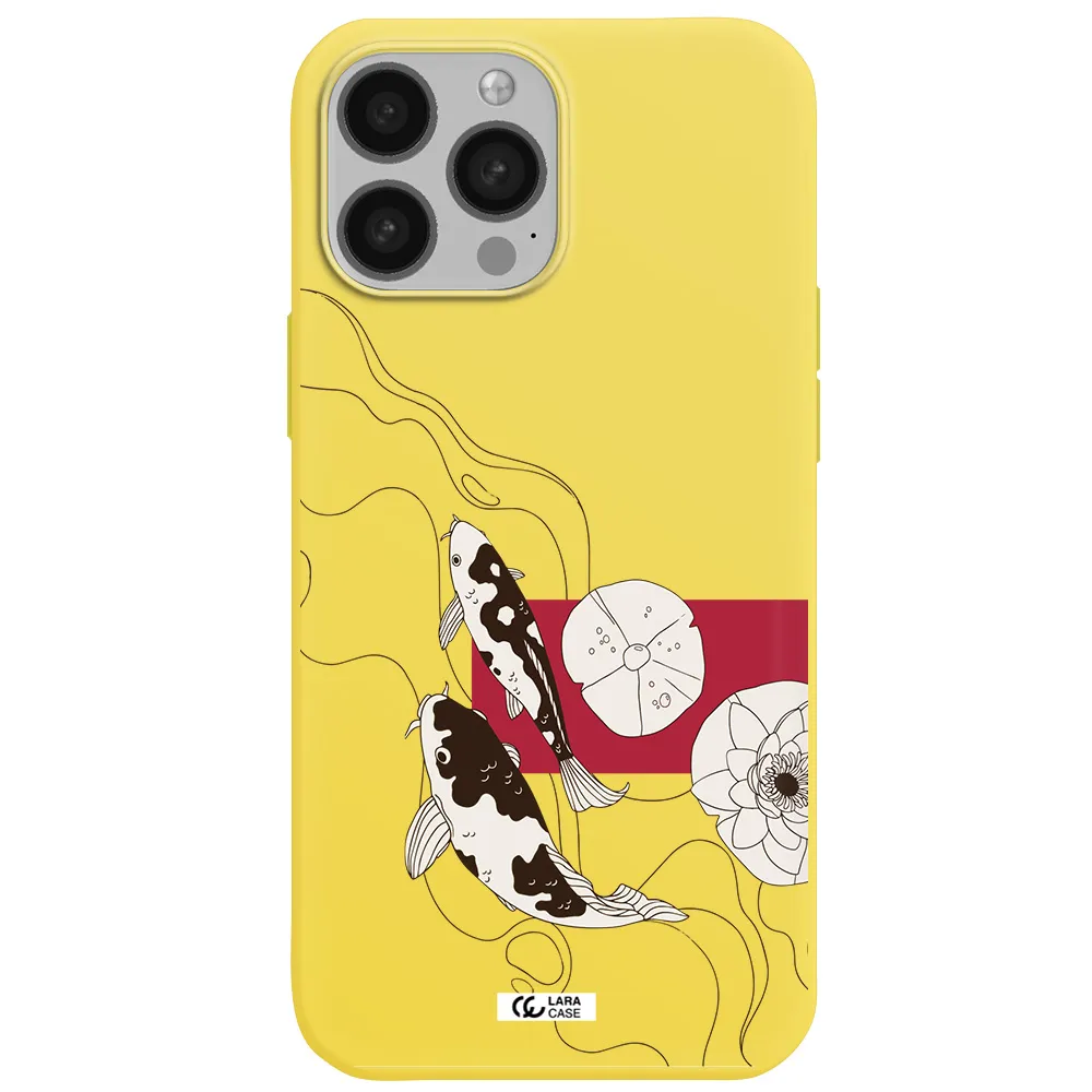 a black and white illustration of fish and flowers Apple iPhone 13 Pro Silicone canary yellow Case