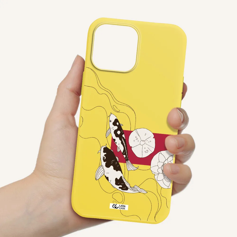 a black and white illustration of fish and flowers Apple iPhone 13 Pro Silicone canary yellow Case