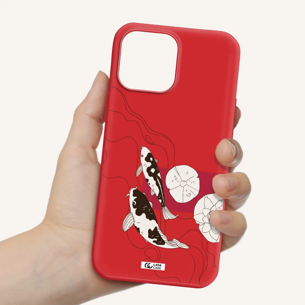 a black and white illustration of fish and flowers Apple iPhone 13 Pro Silicone Imperial Red Case