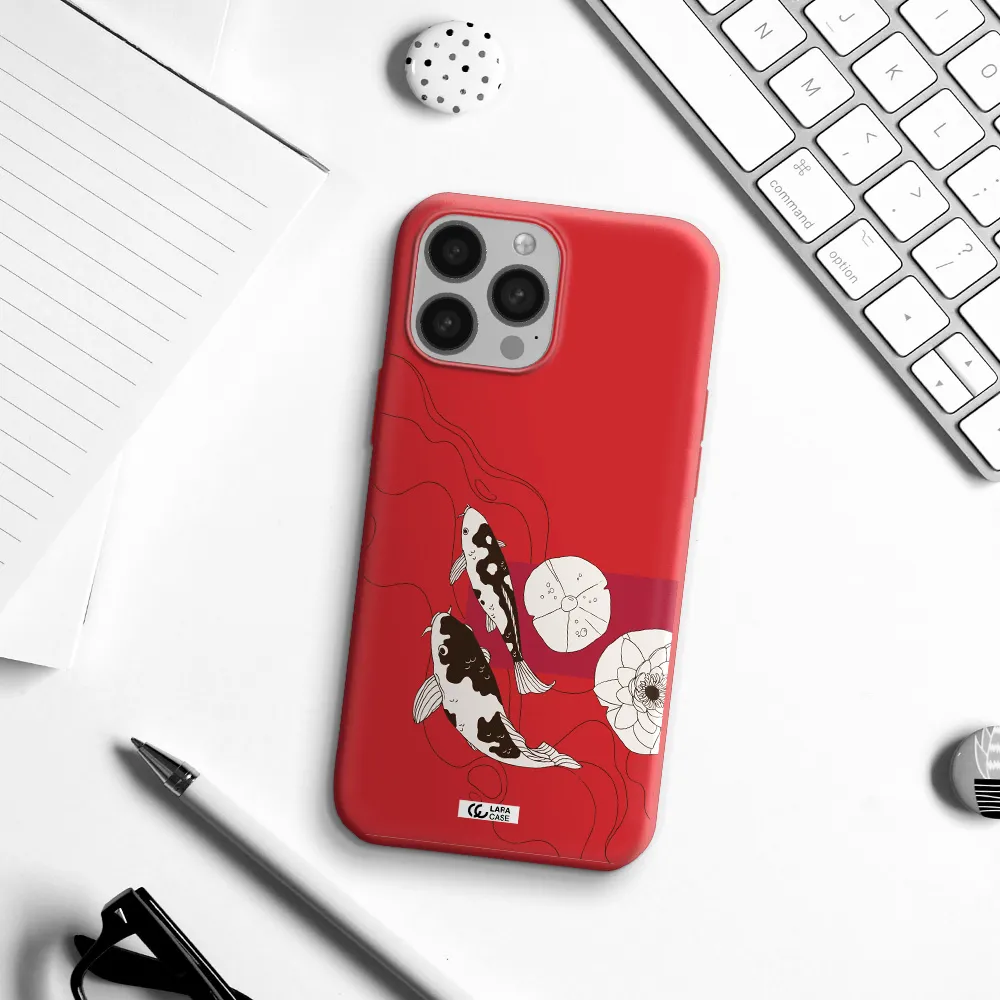 a black and white illustration of fish and flowers Apple iPhone 13 Pro Silicone Imperial Red Case
