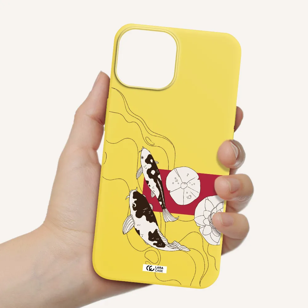 a black and white illustration of fish and flowers Apple iPhone 13 Silicone canary yellow Case