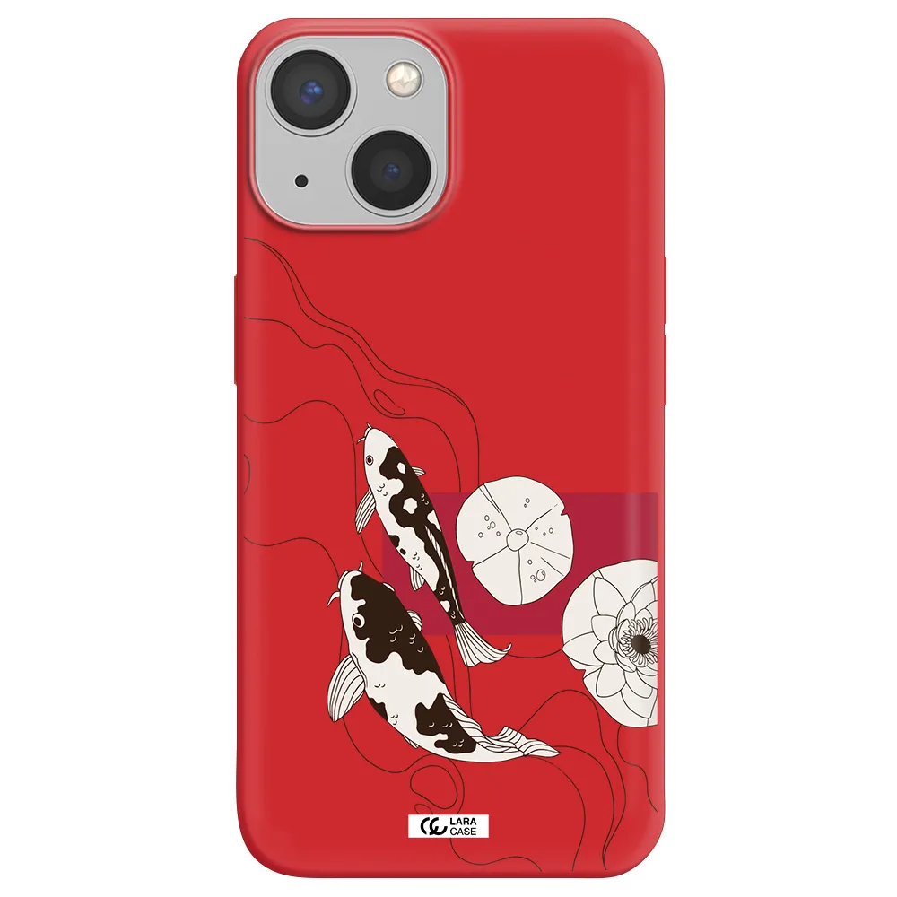 a black and white illustration of fish and flowers Apple iPhone 13 Silicone Imperial Red Case