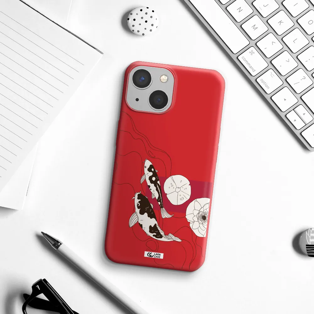 a black and white illustration of fish and flowers Apple iPhone 13 Silicone Imperial Red Case