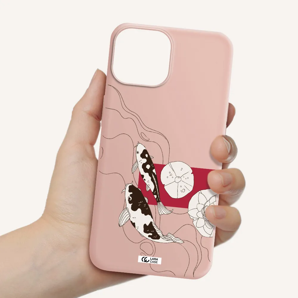 a black and white illustration of fish and flowers Apple iPhone 13 Silicone pastel pink Case