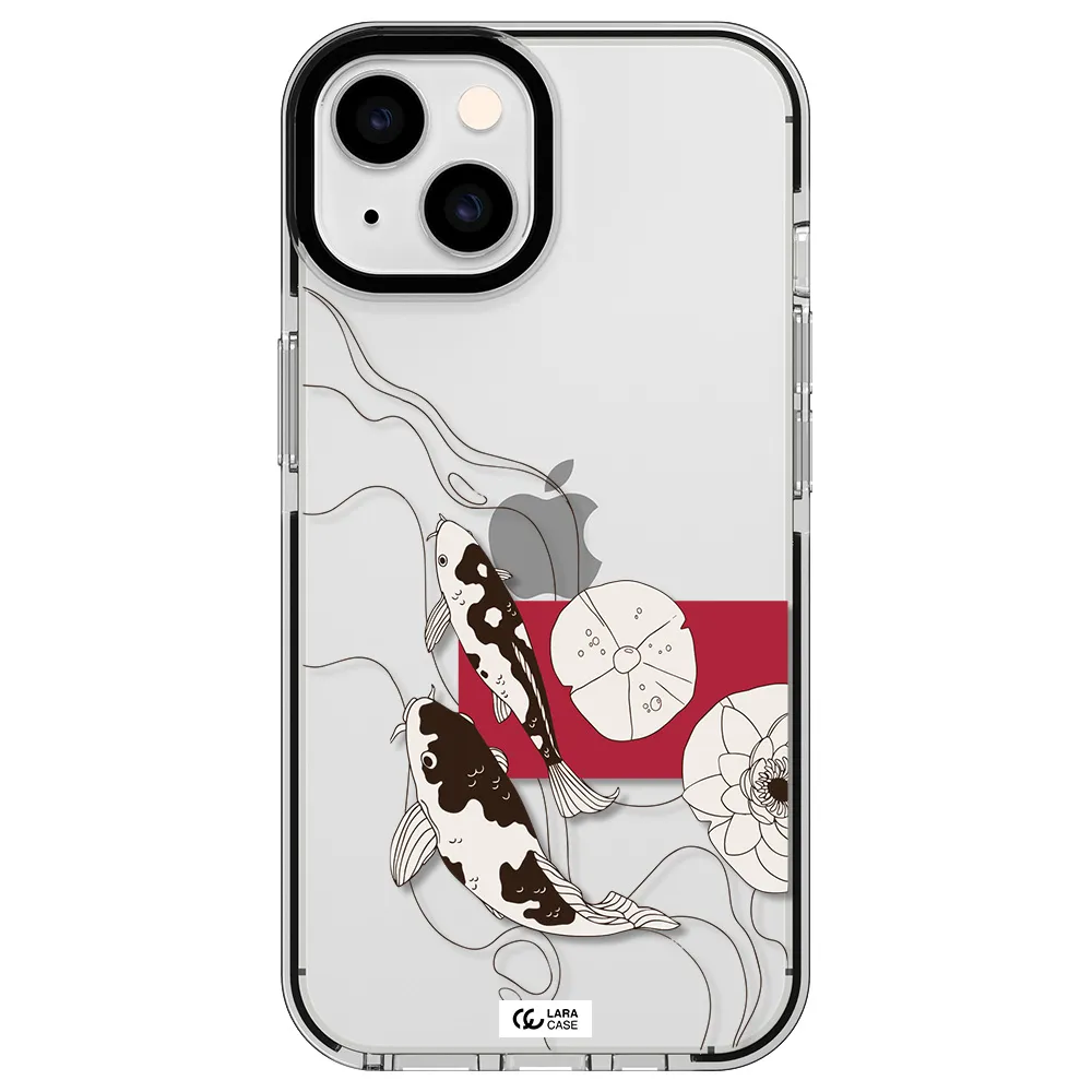 a black and white illustration of fish and flowers Apple iPhone 14 impact black border Case