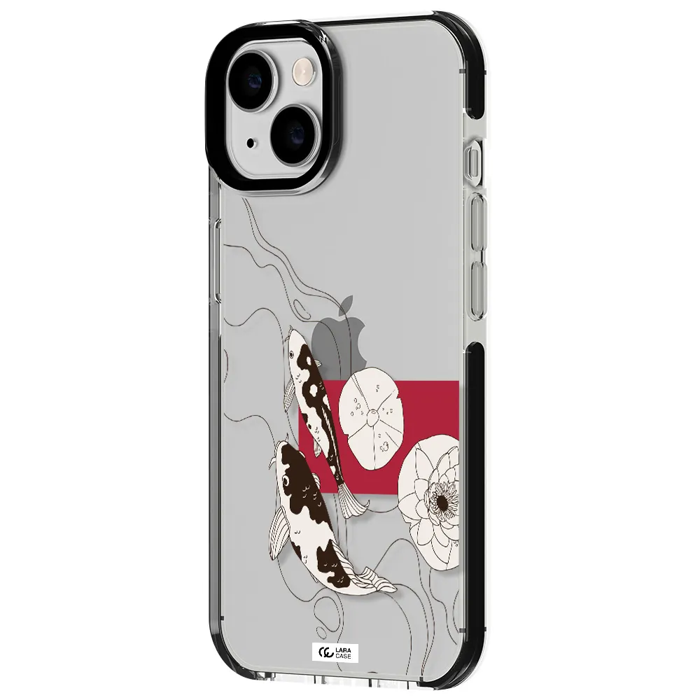 a black and white illustration of fish and flowers Apple iPhone 14 impact black border Case