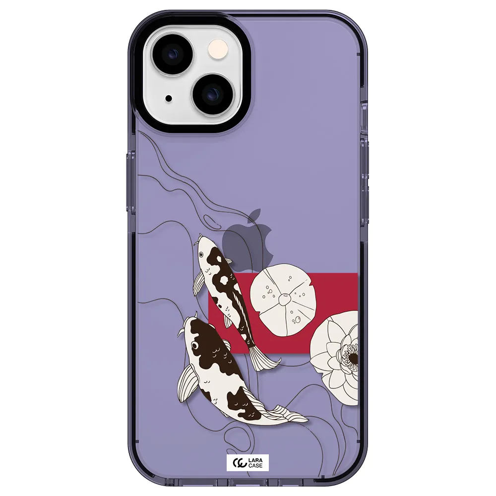 a black and white illustration of fish and flowers Apple iPhone 14 impact Lilac Case