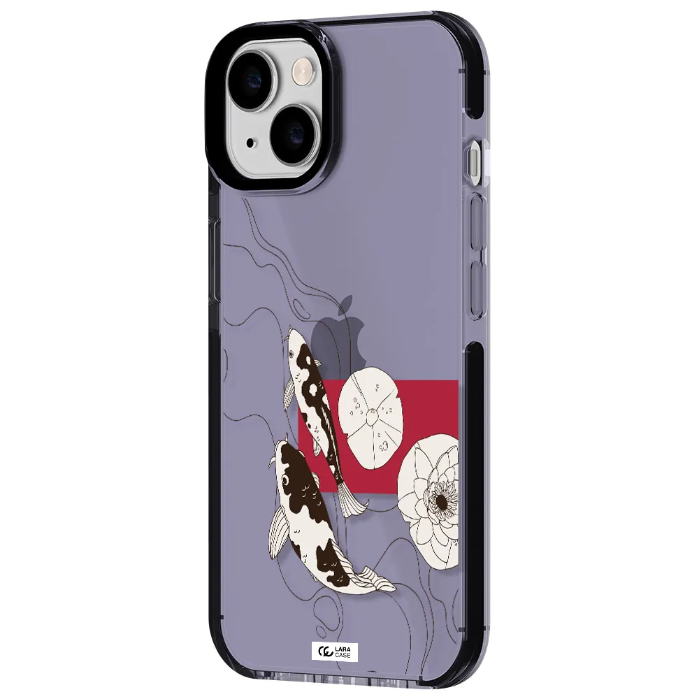 a black and white illustration of fish and flowers Apple iPhone 14 impact Lilac Case