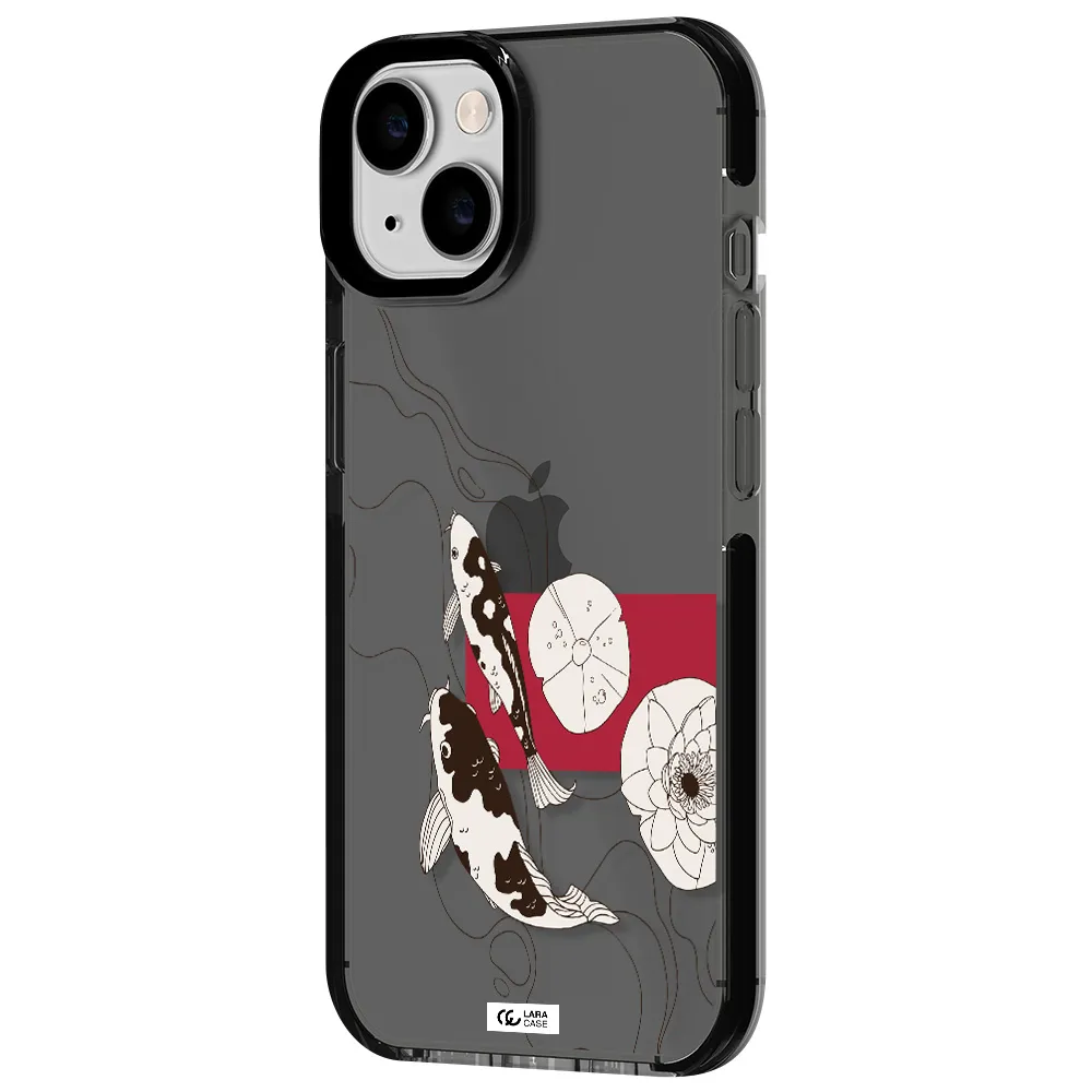a black and white illustration of fish and flowers Apple iPhone 14 impact Smoke Black Case