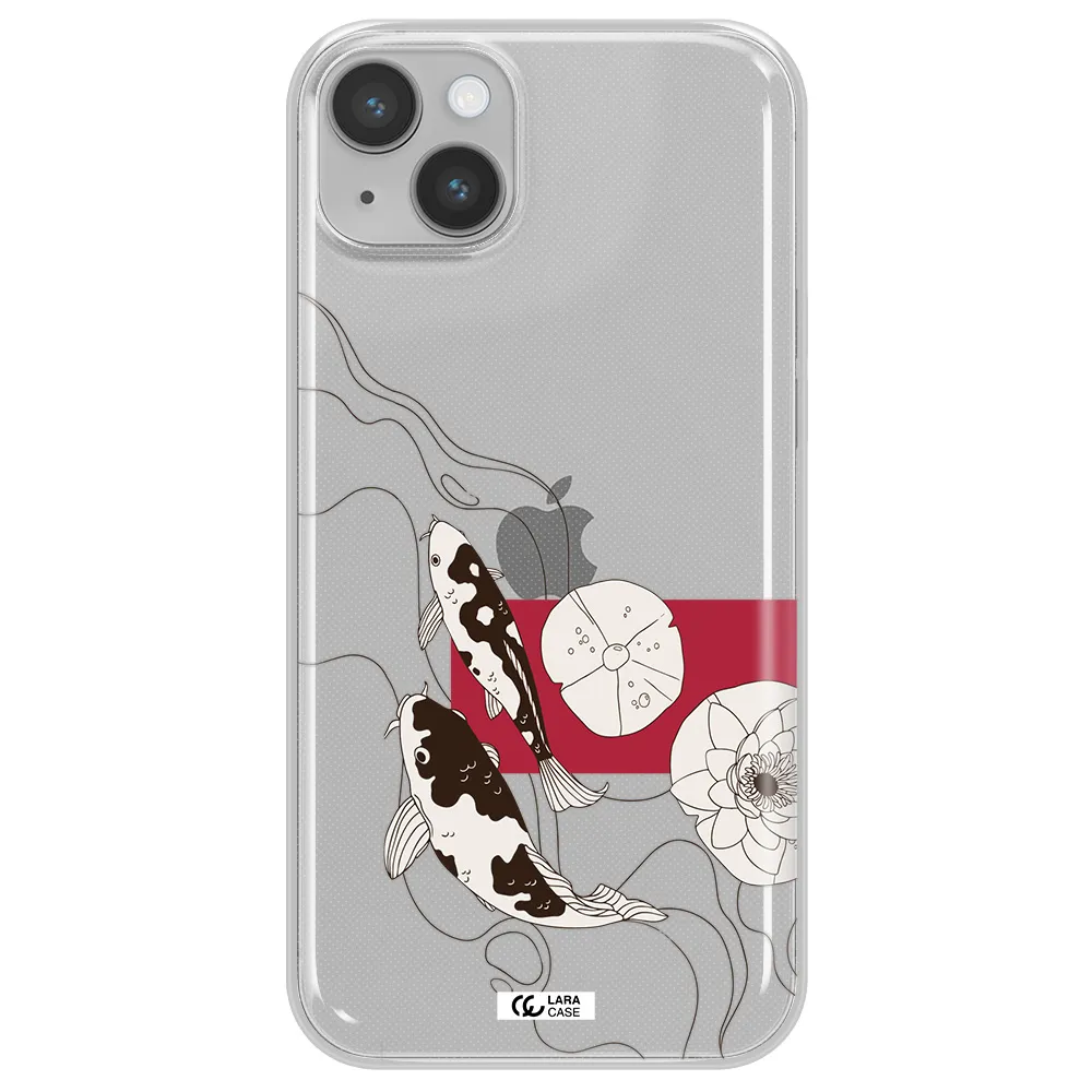 a black and white illustration of fish and flowers Apple iPhone 14 plus Clear TPU Case