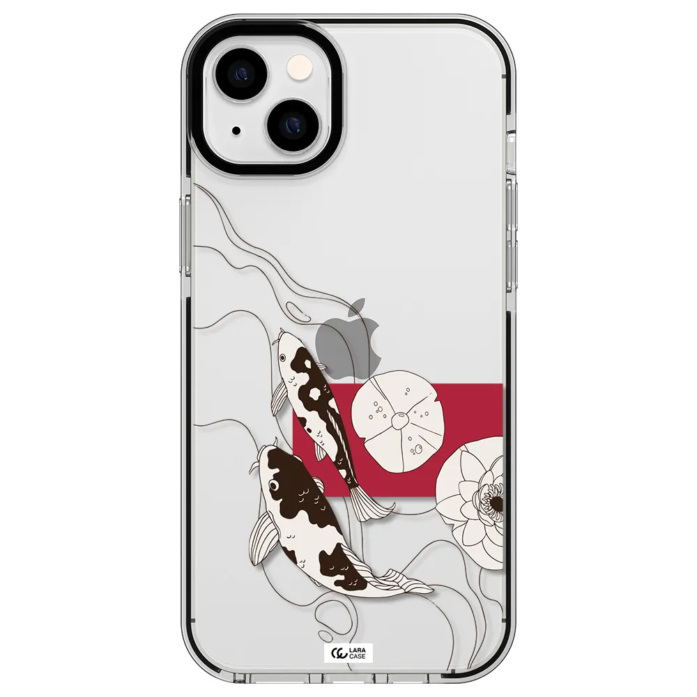 a black and white illustration of fish and flowers Apple iPhone 14 plus impact black border Case