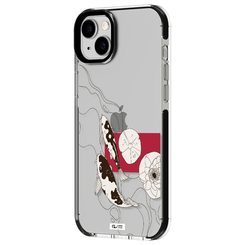a black and white illustration of fish and flowers Apple iPhone 14 plus impact black border Case