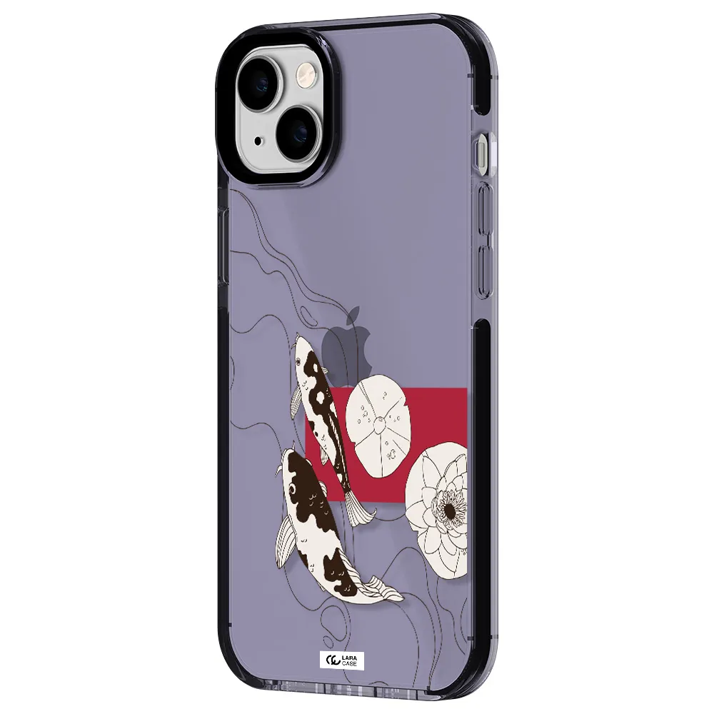 a black and white illustration of fish and flowers Apple iPhone 14 plus impact Lilac Case