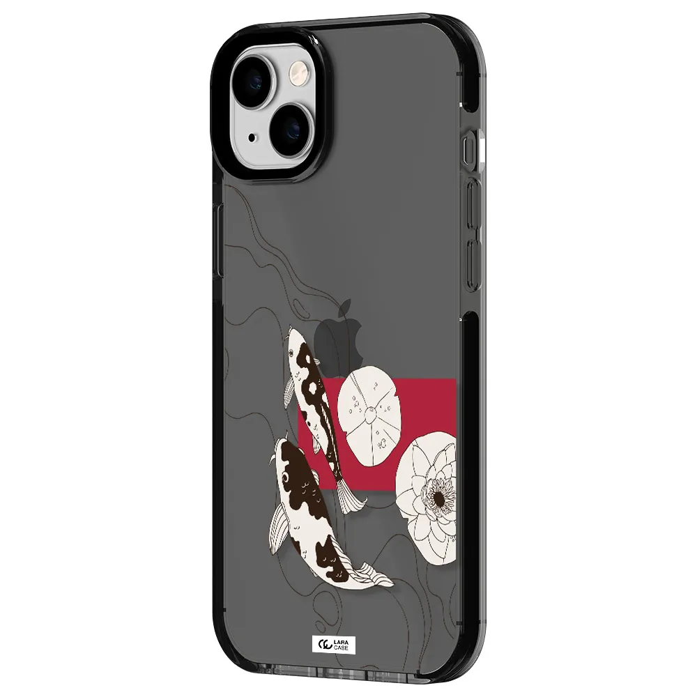 a black and white illustration of fish and flowers Apple iPhone 14 plus impact Smoke Black Case