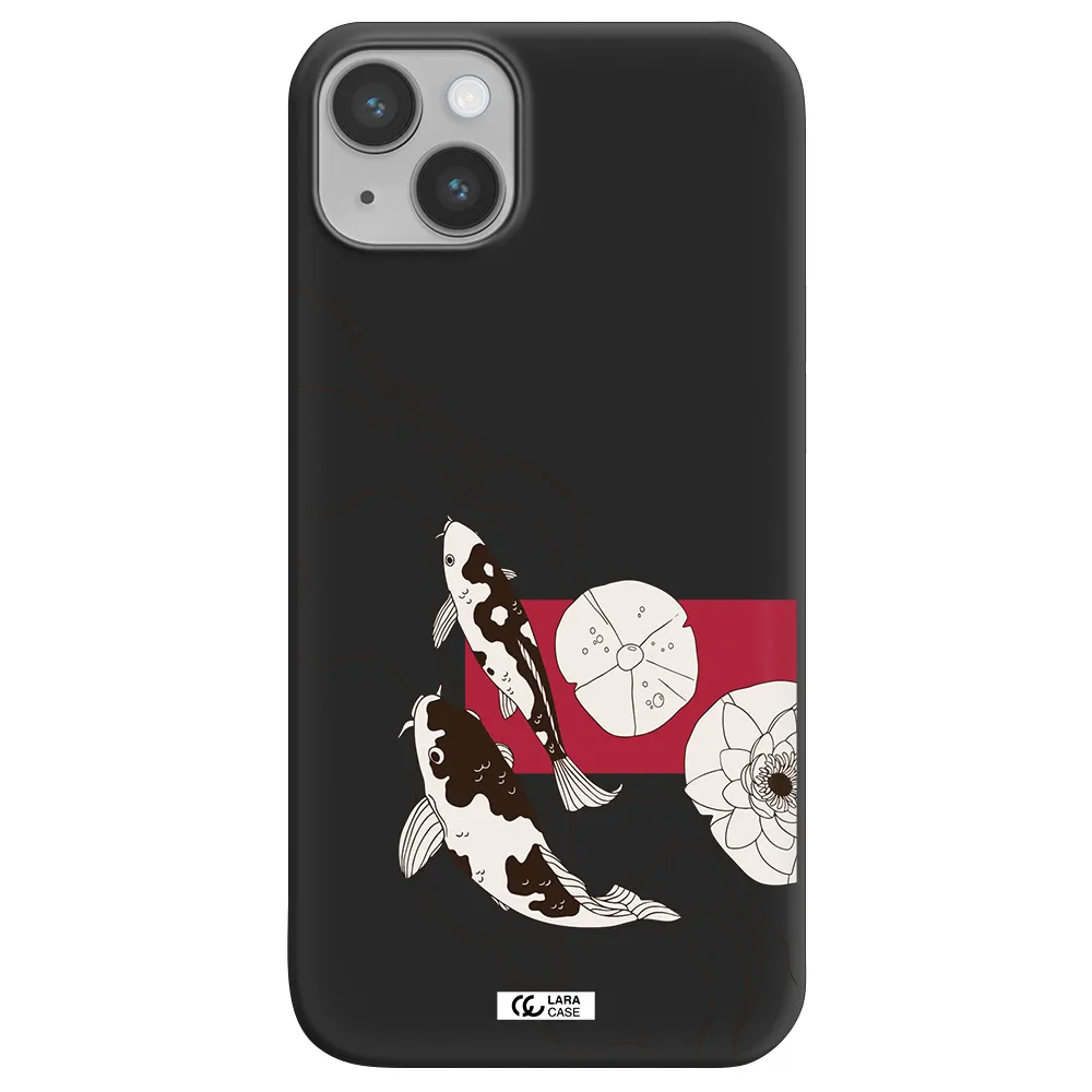 a black and white illustration of fish and flowers Apple iPhone 14 plus Silicone black Case