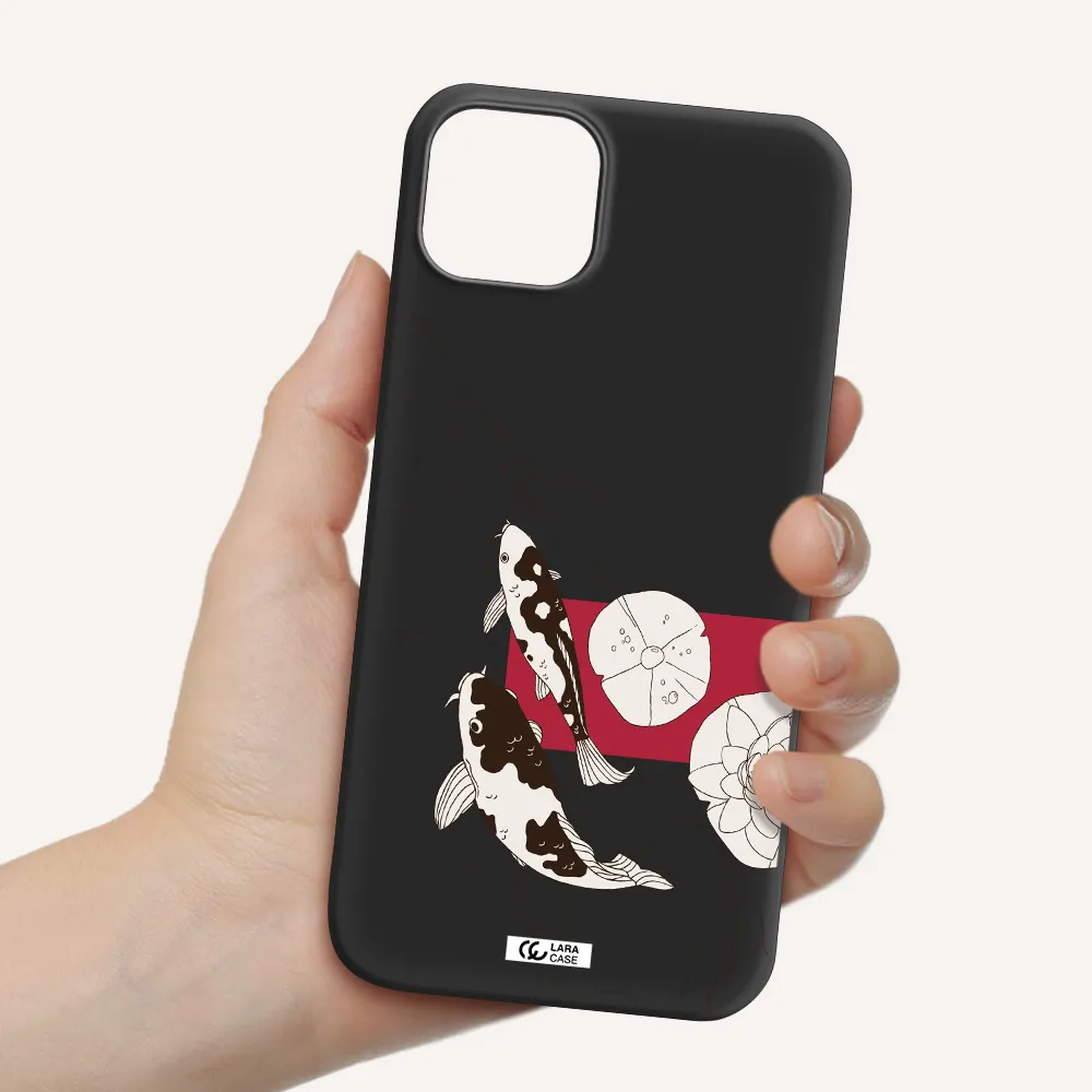 a black and white illustration of fish and flowers Apple iPhone 14 plus Silicone black Case