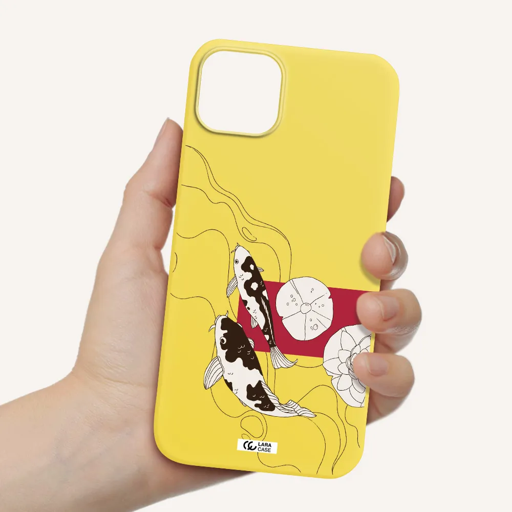 a black and white illustration of fish and flowers Apple iPhone 14 plus Silicone canary yellow Case