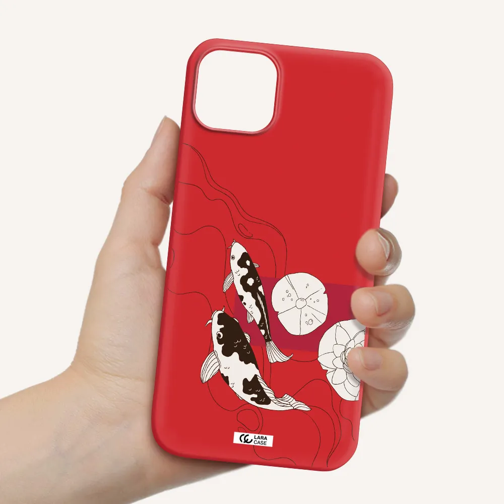 a black and white illustration of fish and flowers Apple iPhone 14 plus Silicone Imperial Red Case
