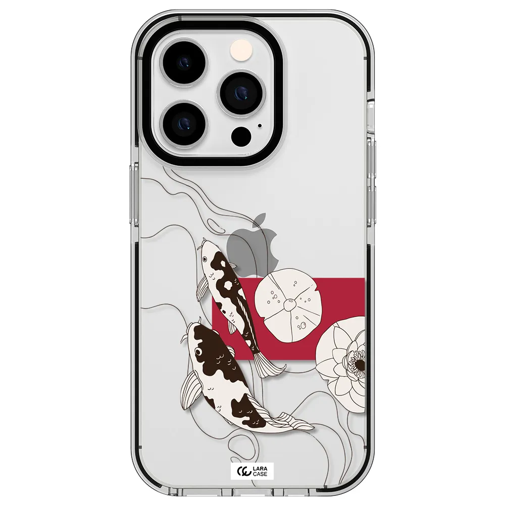 a black and white illustration of fish and flowers Apple iPhone 14 pro impact black border Case